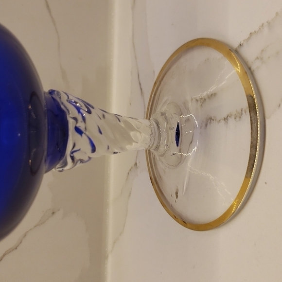 𝅺COBALT Blue Glass blown flute vase swirled foot gold gilded design 10.5" - Picture 5 of 10